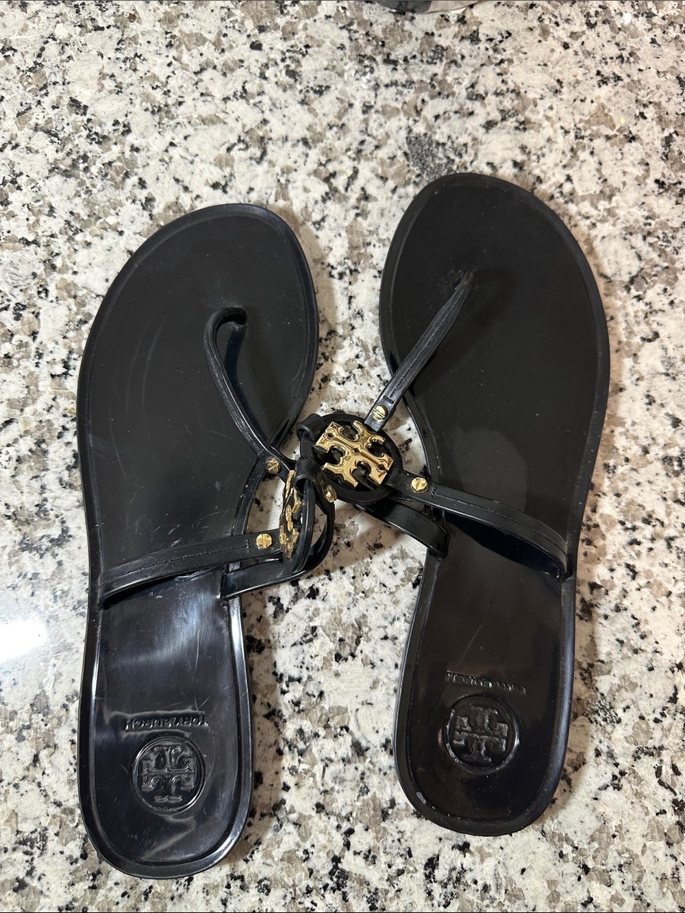 Tory Burch Black Thong Sandals with Gold Logo Accent